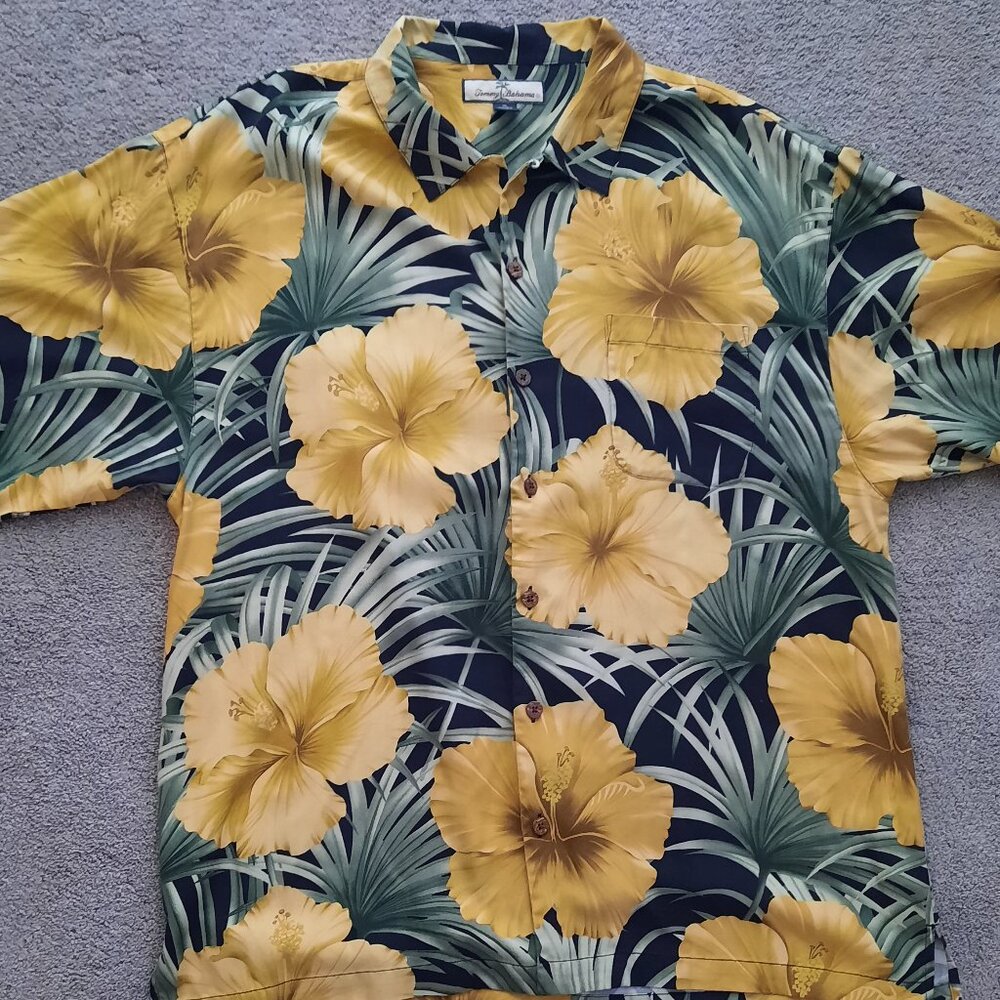 Tommy Bahama Silk Hibiscus Floral Hawaiian Camp Shirt Men's XL Yellow
